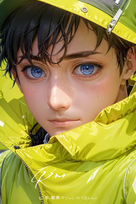 A close-up of a person wearing a jacket and a backpack, trending at CG Station, tall anime boy with blue eyes, manga cover style...