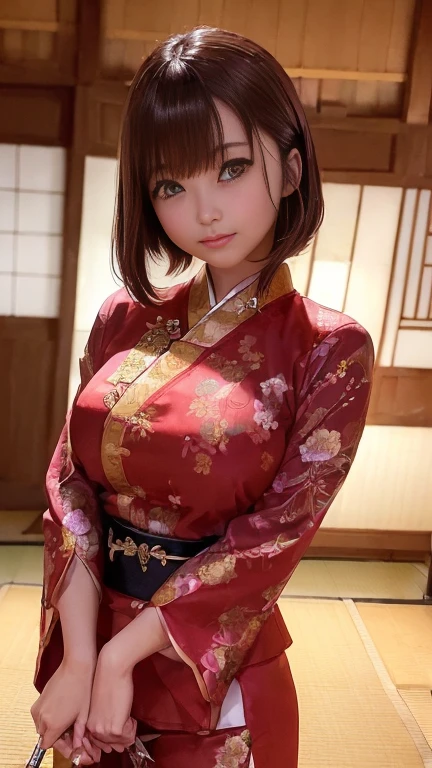 (Japanese Sword:1.3),(The blade glitters)、((1 girl)、Bob Hair、Brown Hair、Medium breast、Chinese clothing:1.3、Temple precinctasterpiece:1.2、Raw photo quality、Highest quality)、Beautiful face、Anatomically correct limbs、Anatomically correct body、