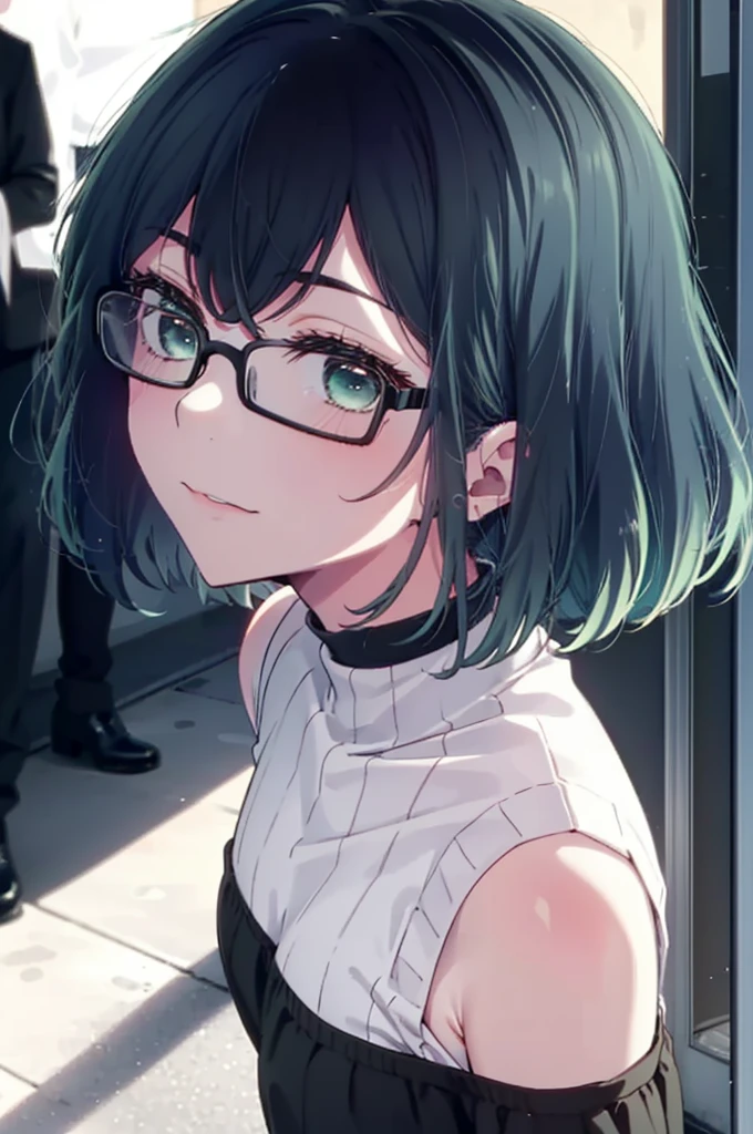 akanekurokawa, akane kurokawa, bangs, (Green Eyes:1.3), Blue Hair, Medium Hair, dark Blue Hair,smile,Black-rimmed glasses,Cold shoulder tops,Short sleeve,Shorts,Stiletto heels,Walking,Daytime,Clear skies,whole bodyがイラストに入るように,
break outdoors, School,courtyard,
break looking at viewer, whole body,
break (masterpiece:1.2), Highest quality, High resolution, unity 8k wallpaper, (figure:0.8), (Beautiful attention to detail:1.6), Highly detailed face, Perfect lighting, Highly detailed CG, (Perfect hands, Perfect Anatomy),