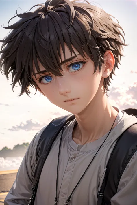 a close-up of a person wearing a jacket and a backpack, trending at cg station, tall anime boy with blue eyes, manga cover style...