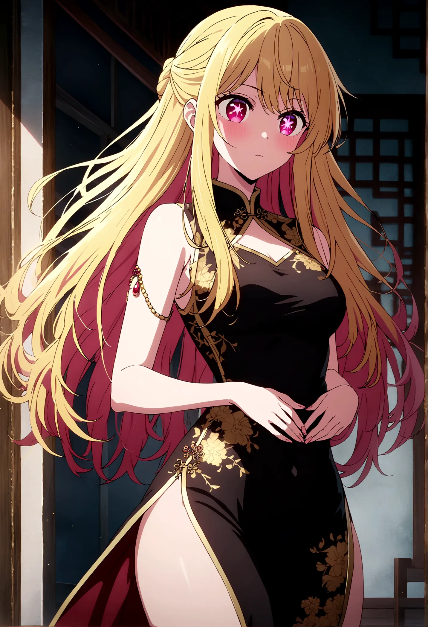 china dress, gold embellished dress, hoshinoruby, star-shaped pupils, ruby_hoshino, blonde, bangs, one girl, pink eyes, long hai...