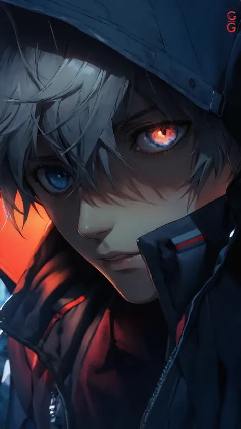 a close-up of a person wearing a jacket and a backpack, trending at cg station, tall anime boy with blue eyes, manga cover style...