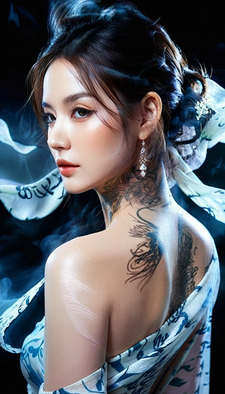 Double Exposure Style,Volumetric Lighting,a girl (Supermodel) with Wrap top,arching her back, beautiful tattoo, Traditional Attire,Artistic Calligraphy and Ink,light depth,dramatic atmospheric lighting,Volumetric Lighting,double image ghost effect,image combination,double exposure style,