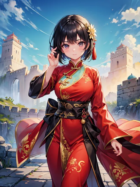 great_wall_of_china,chinese_dress,model_pose,short hair,black hair,good anatomy,best quality,masterpiece,beautiful,cute face,