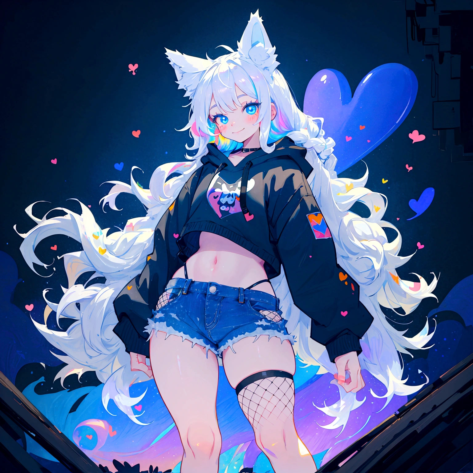 a cute adult male with wolf ears, long white hair, long locks, has a wolf tail, wearing a loose cropped black hoodie, wearing a pair of denim short shorts and fishnet stockings, thick thighs, wide hips, short, showing slender tummy, heart on hoodie, squishy thighs, has glowing blue eyes. alone, solo (ALONE)(SOLO), surrounded by rainbows, colorful galaxy backround, smiling, ontop of a pile of fluffy plushes, plushies everywhere, kawaii plushies, surrounded by bubbles, surrounded by rainbow leaves, standing up dancing, thicc thighs