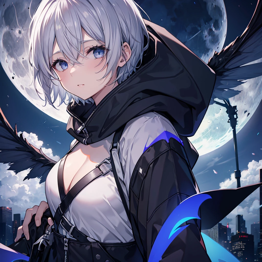 ((((grim Reaper　Inflammation))))　(((Gray Hair　short hair　blue eyes　woman　Center close-up)))，((night　full moon　My own big wings))，(Wearing a hood　Black camisole　Purple light)，　A tense look　Shining Background　Shining Edges