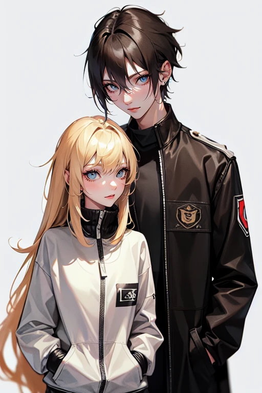 (tall man,(man is taller than me woman) messy black-haired man wearing a , is a student, with his hands in his pockets.),(a thin woman, long blonde hair, woman has green eyes, cheerleader) best quality, adorable, ultra-detailed, illustration, complex, detailed, extremely detailed, detailed face, soft light, soft focus, perfect face. In love, illustration. two people, couple: make them into a comic strip 