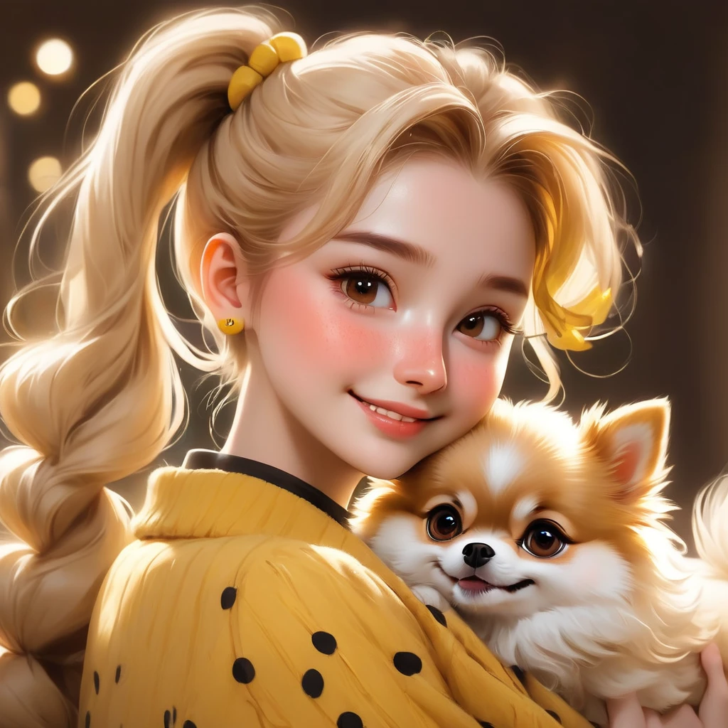 mejor calidad, obra maestra, estudiantes de hogwarts, Hufflepuff, Pelo corto con doble coleta alta, Pelo corto rubio con doble coleta.,Dormir bien,Y su adorable cachorro Pomerania., Encantadora y brillante,sonrisa,Mal comportamiento, pecas en la cara, ojos marrones detallados, cara delicada, Piel hermosa, luz tenue, sombras suaves, textura delicada, luz dinámica,