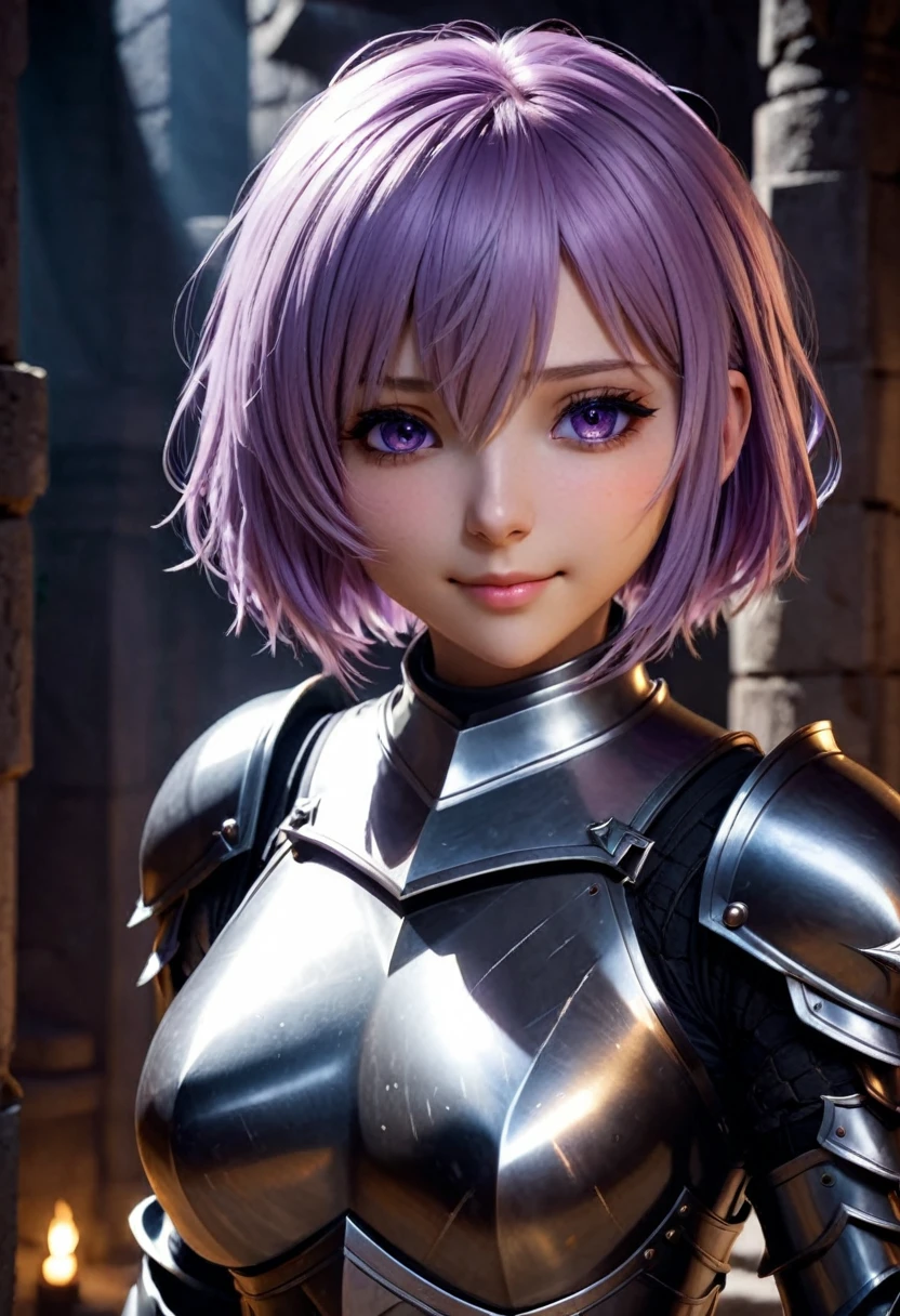 (masterpiece, top quality, best quality, beautiful and aesthetic:1.2), full body, SFW, extremely detailed, detailed face and eyes, cinematic light, depth of field, 1girl, seducing smile, solo, official, (full armored knight:1.4), dark armor, mash kyrielight, light purple hair, short hair, hair over one eye, slim body, cinematic lighting, dramatic lighting, dramatic atmosphere, hyper-realistic, high resolution, stunning contrast, high quality, best quality, 8k, 4k, intricately detailed, (amazing details:1.2), highly detailed skin, powerful presence, vibrant colors, (detailed eyes:1.2), striking eyes, (detailed background), (warzone on background, night, ruins), (dynamic angle:1.2), (dynamic pose:1.2)