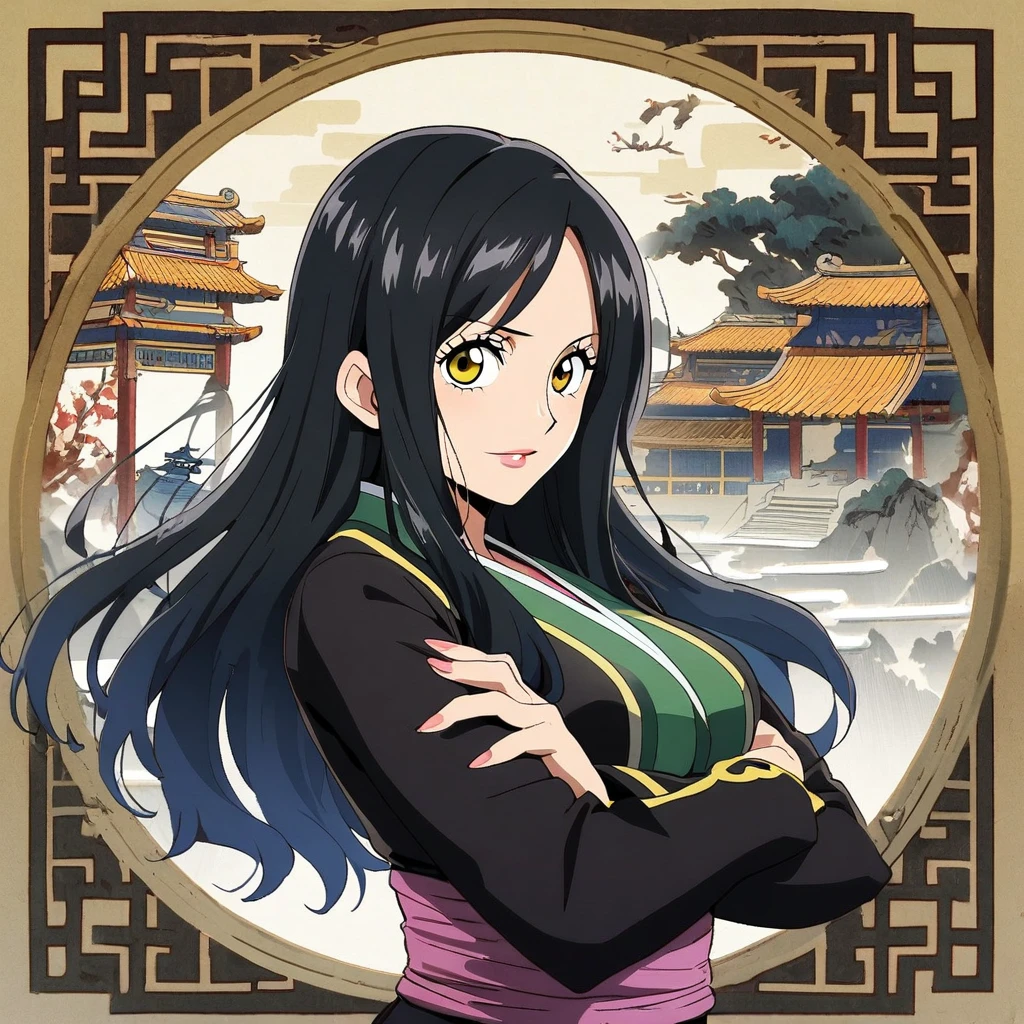 1girl, ((robin)), (robin from one piece  anime)) mature anime girl, 25 years old anime women, long_hair, yellow_eyes, black hair, solo, ((black_hair)), looking_at_viewer, breasts, upper_body, bangs, sash, long_sleeves, cross arms, Chinese architectureal background, 