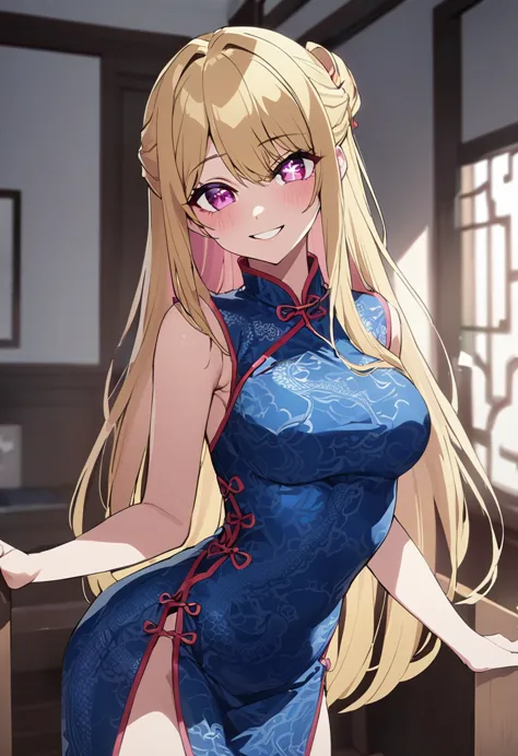 blonde、blue dragon patterned cheongsam、cowboy shot、highest quality、star-shaped pupil、the best smile、long hair、pink eyes