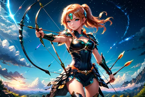 (anime character holding a sci-fi bow and pulling the magic arrow floating in the sky), 2.5d cgi anime fantasy artwork, extremel...