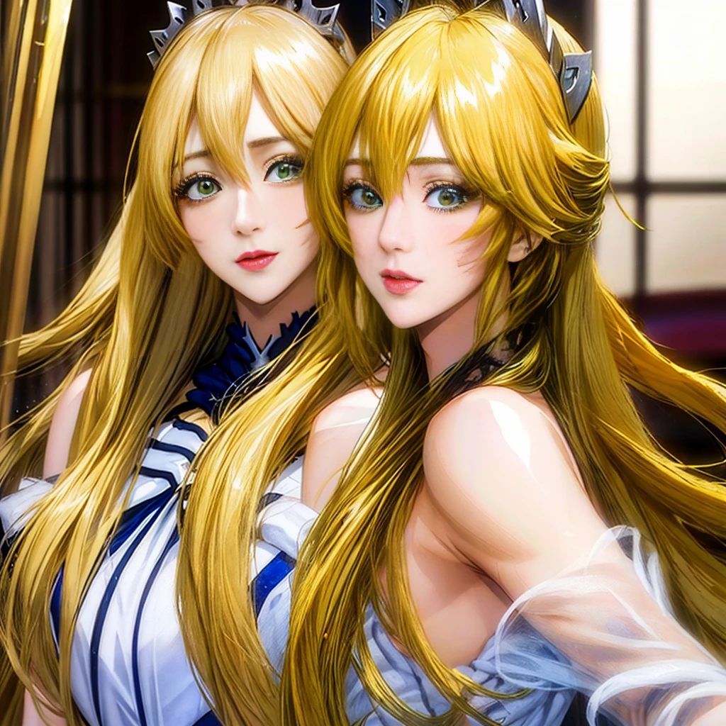 "Behold the stunning fusion of a Lancer Artoria's body and the alluring face of Alexis Texas. Her blonde locks cascade down her back, drawing attention to her piercing green eyes with yellow eyelashes. With a regal crown atop her head, she is a vision of elegance and sophistication."