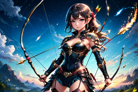 (anime character holding a sci-fi bow and pulling the magic arrow floating in the sky), 2.5d cgi anime fantasy artwork, extremel...