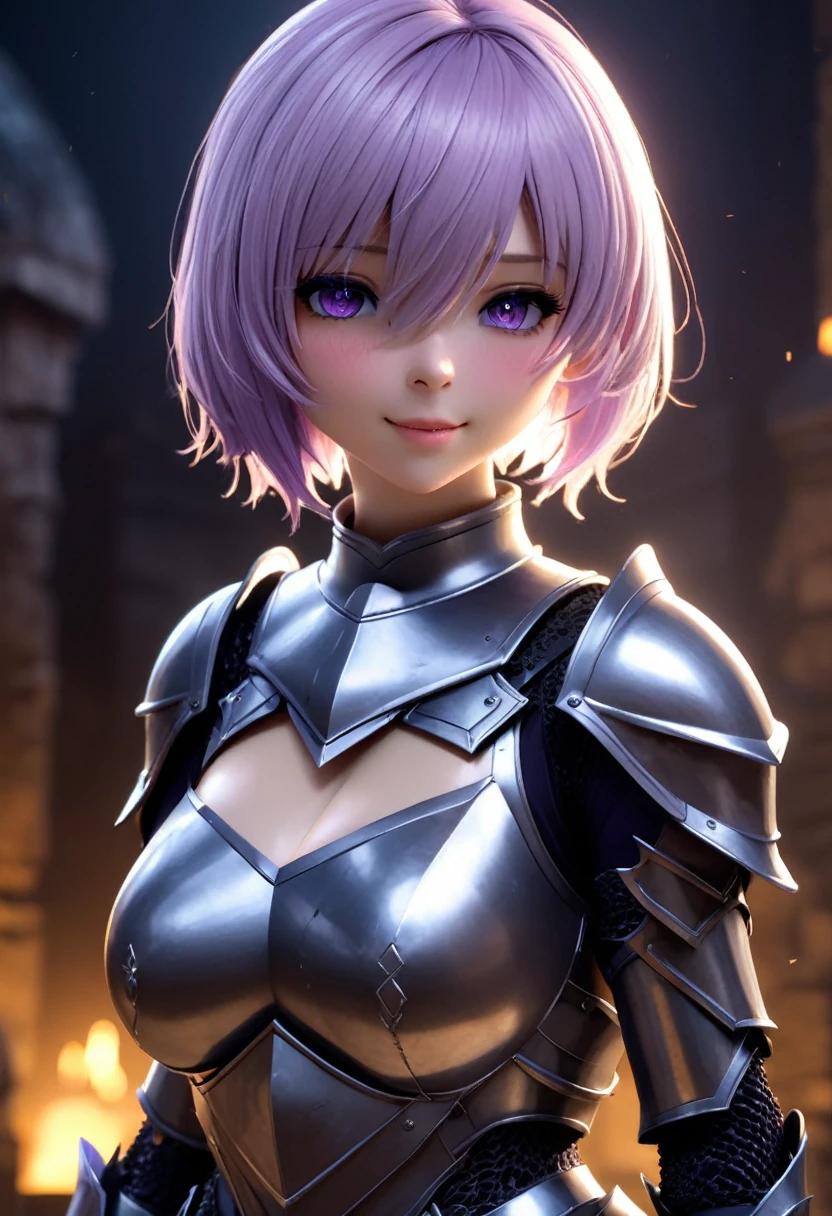 (masterpiece, top quality, best quality, beautiful and aesthetic:1.2), full body, SFW, extremely detailed, detailed face and eyes, cinematic light, depth of field, 1girl, seducing smile, solo, official, (full armored knight:1.4), dark armor, mash kyrielight, light purple hair, short hair, hair over one eye, slim body, cinematic lighting, dramatic lighting, dramatic atmosphere, hyper-realistic, high resolution, stunning contrast, high quality, best quality, 8k, 4k, intricately detailed, (amazing details:1.2), highly detailed skin, powerful presence, vibrant colors, (detailed eyes:1.2), striking eyes, (detailed background), (warzone on background, night, ruins), (dynamic angle:1.2), (dynamic pose:1.2)