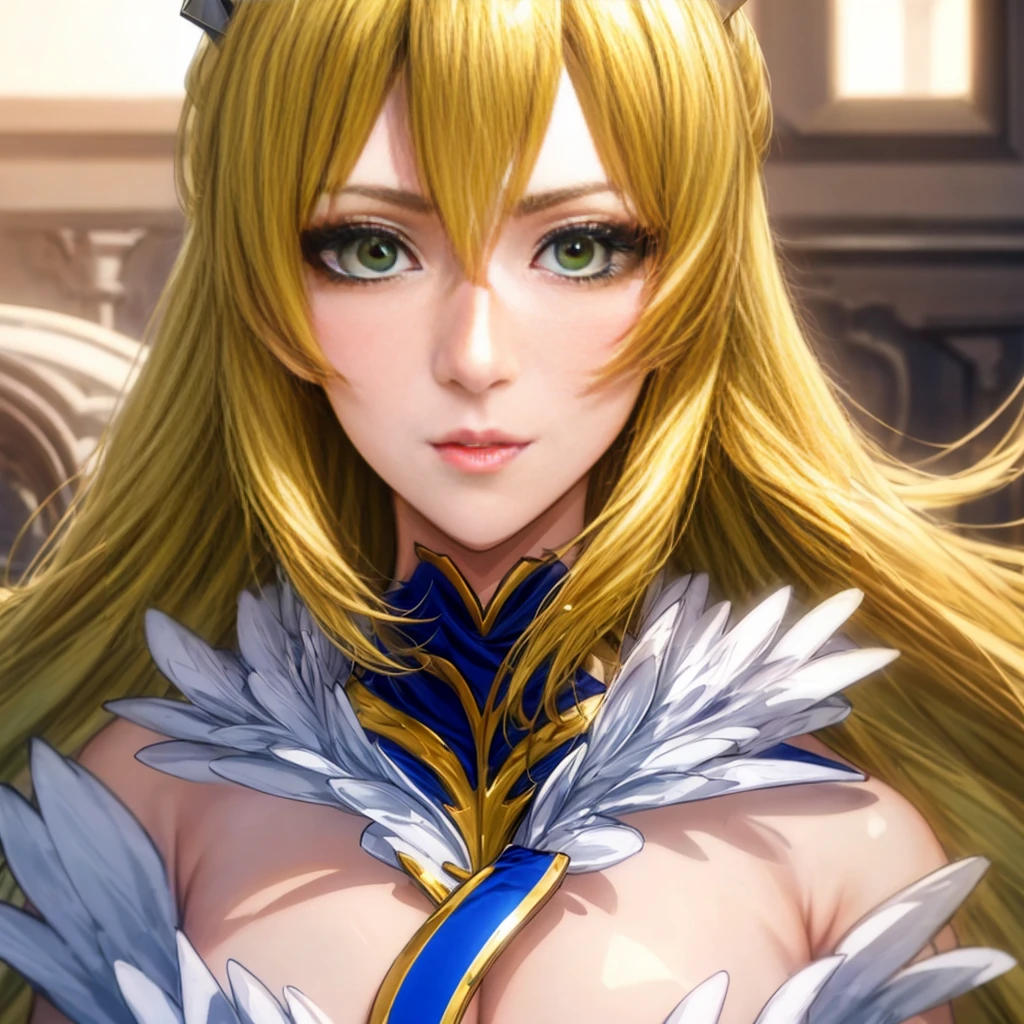 "Witness the regal beauty of a Lancer Artoria with the captivating face of Alexis Texas. Her piercing green eyes, framed by yellow eyelashes, exude elegance and maturity. Adorned with a majestic crown, she is the epitome of grace and power."