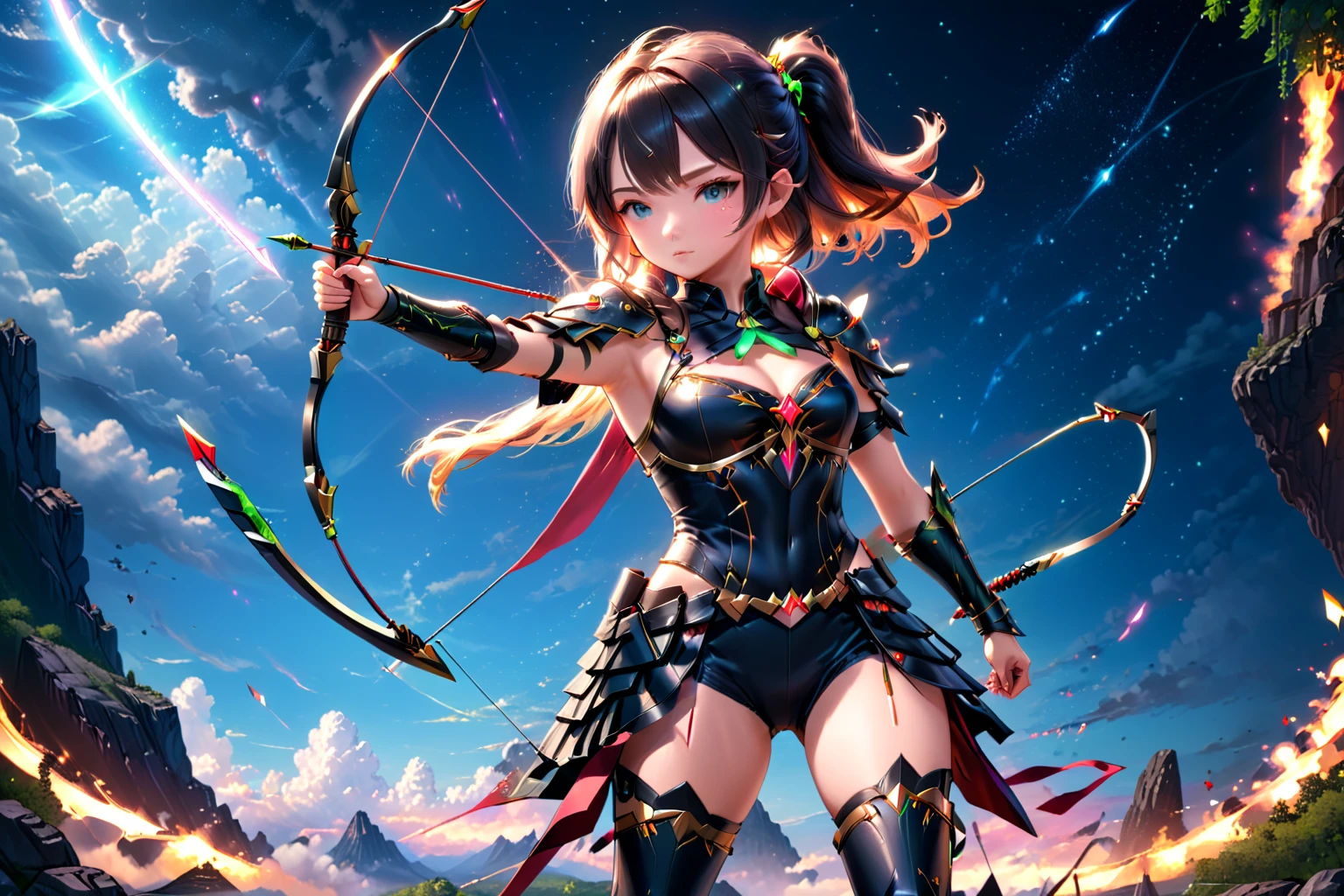 (anime character holding a sci-fi bow and pulling the magic arrow floating in the sky), 2.5d cgi anime fantasy artwork, extremely detailed art, detailed digital fantasy art, 8k high quality detailed digital art, ((full body)), the legs are seen wearing full black armor, dark background with neon lights, this beautiful girl is a professional archer.