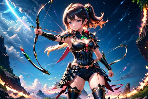 (anime character holding a sci-fi bow and pulling the magic arrow floating in the sky), 2.5d cgi anime fantasy artwork, extremel...