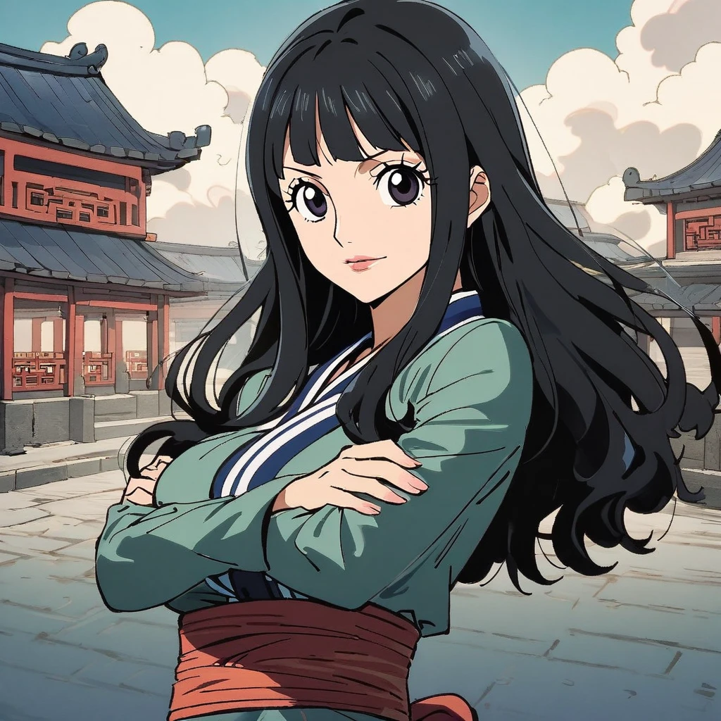 1girl, ((robin)), (robin from one piece  anime)) mature anime girl, 25 years old anime women, long_hair, black_eyes, black hair, solo, ((black_hair)), looking_at_viewer, breasts, upper_body, bangs, sash, long_sleeves, cross arms, Chinese architectureal background, 