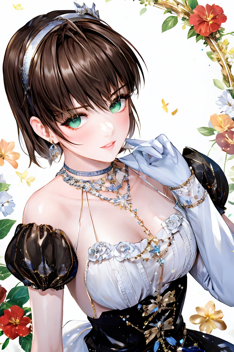 shoujo-style, (floral background, romance manhwa), 1girl, (hitomi), brown hair, solo, short hair, headband, flower, dress, tiara, white dress, gloves, long sleeves, choker, green eyes, mascara, makeup, white gloves, black bow, black flower, bow, bra, jewelry, looking at viewer, white background, collarbone, puffy sleeves, silver accessories, upper body, bangs, blue dress, frills, bangs, closed mouth, detailed eyes, sparkle