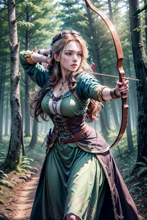 Female Robin hood with a cross bow, shooting an arrow in the forest. Female archer. The scenes are magnificent and surreal. (bes...