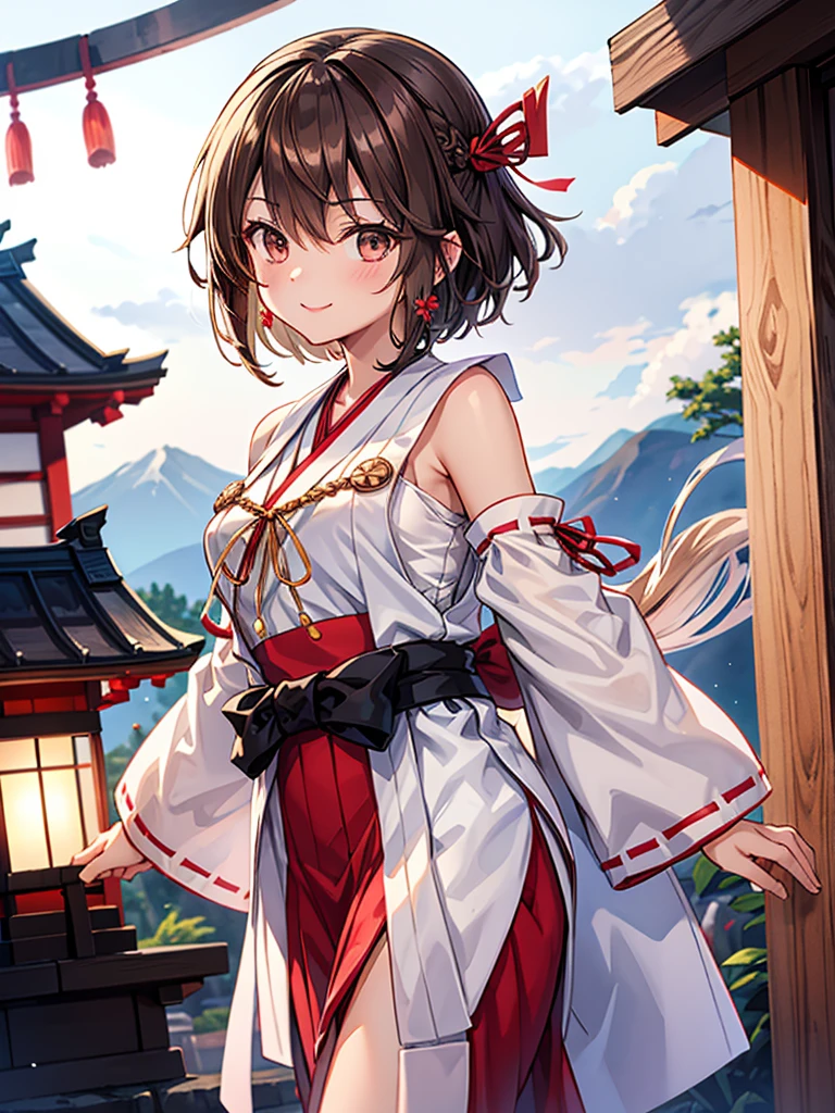 fille miko, yeux noirs brillants, Sourire éclatant, Buste C, Fluffy Brown Hair Short Hair attache un ruban rouge de style japonais sur le côté droit, les vêtements de la jeune fille du sanctuaire n&#39;ont pas de manches, Côté lait, les deux La fente est ouverte, tabi blanc,