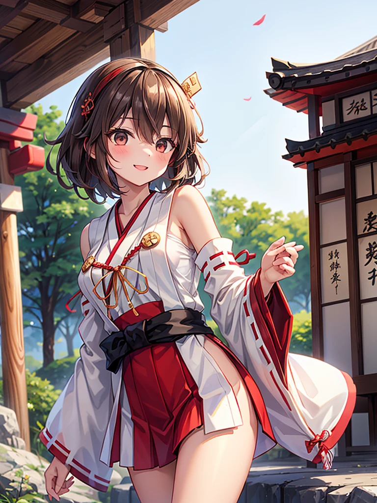 Miko Girl, Shining Black Eyes, Bright Smile, Bust C, Fluffy Brown Hair Short Hair ties a Japanese-style red ribbon on the right side, shrine maiden clothes have no sleeves, side milk, both The slit is open, white tabi,