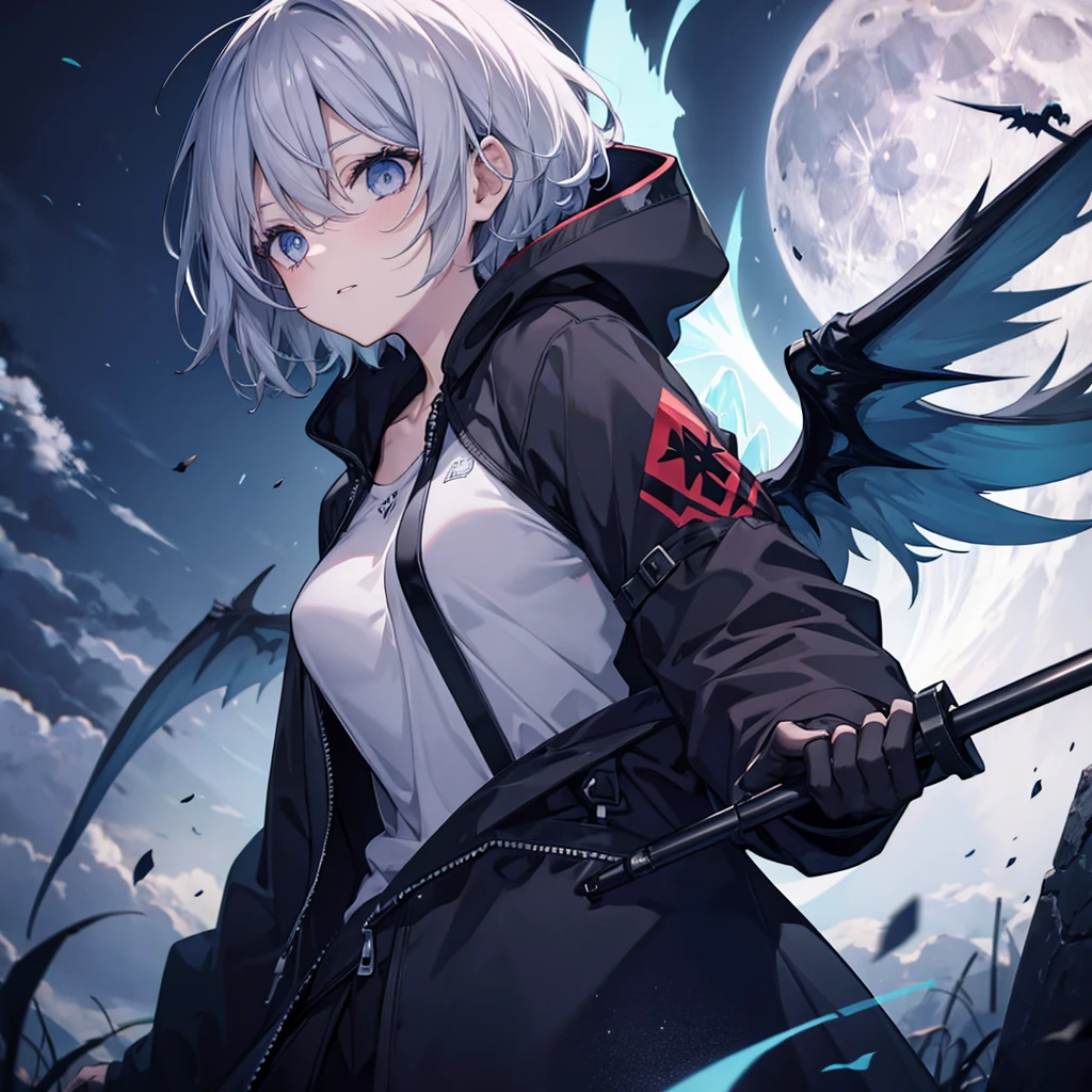 ((((grim Reaper　Inflammation))))　(((Gray Hair　short hair　blue eyes　woman　central)))，((night　full moon　My own big wings))，(Wearing a hood　Black camisole　Purple light)，　A tense look　Shining Background　Shining Edges