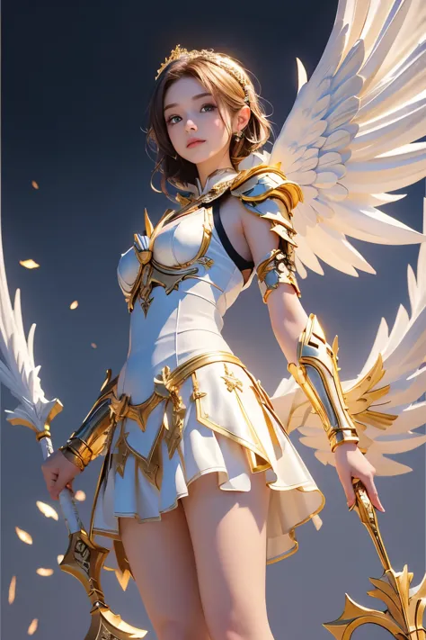 8k, masterpiece, ((angel of justice)),(reflect the dizzying light on the blade), white feathers, equipped with golden armor over...