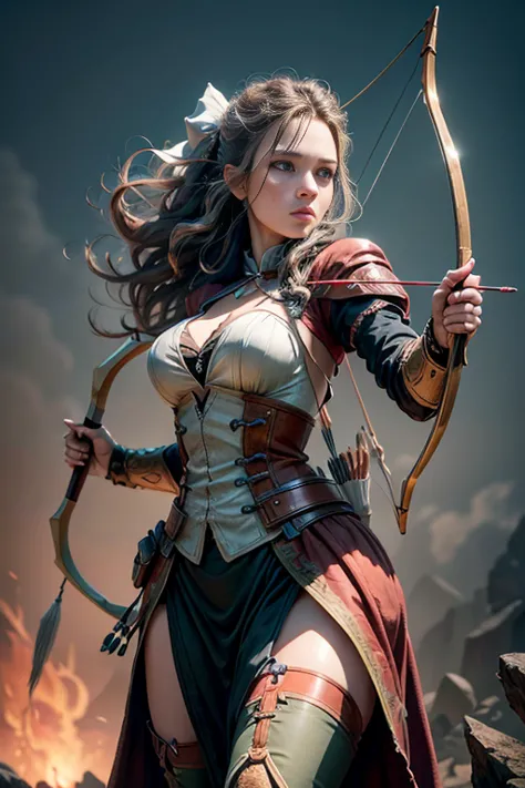 Sexy female Hunter with bow and arrow in her hands. The scenes are magnificent and surreal. (best qualityer, 4K, 8K, high resolu...