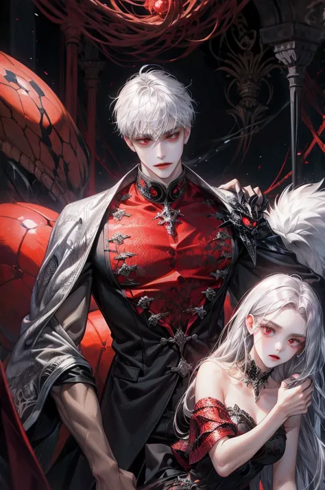 Man manly, arthropod, arachne, with silver hair, with six red eyes, with four arms. Dark forest background.