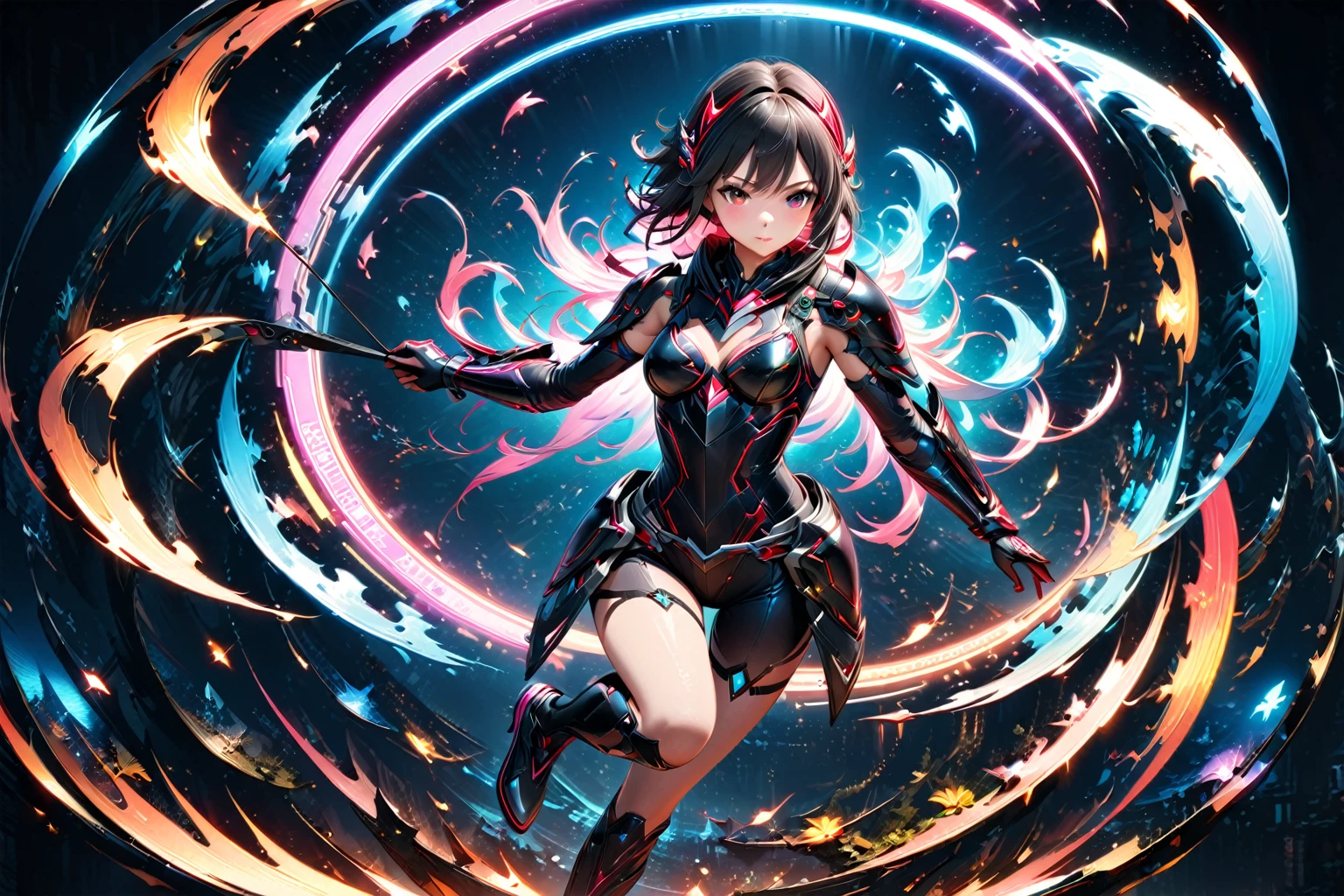 (anime character pulling a sci-fi bow), the girl floating in the sky, 2.5d cgi anime fantasy artwork, extremely detailed art, detailed digital fantasy art, 8k high quality detailed digital art, ((full body)), the legs are seen wearing full black armor, dark background with neon lights, this beautiful girl is a professional archer.