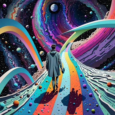 illustration of a man in coat walking on a path in the middle of a space, liminal space in outer space, 3d grainy aesthetic illu...