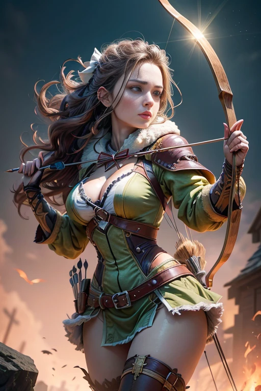 Sexy female Hunter with bow and arrow in her hands. The scenes are magnificent and surreal. (best qualityer, 4K, 8K, high resolution, master part:1.2), ultra detali, (realisitic, photorrealistic, realisitic:1.37), Portrait of a, vivid colors, studio lit, sharp focus, physics based rendering, extreme detail description, Bible Topics, Great atmosphere, radiant light.