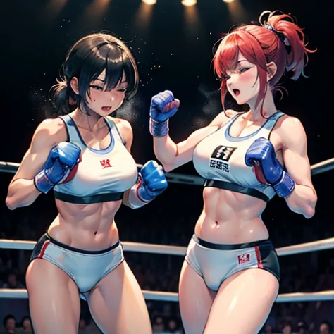 Boxing in the ring。Dynamic punch。Two Japanese female heavyweight boxers。Sweating a lot。One eye closed, out of breath。Drooling。Bo...