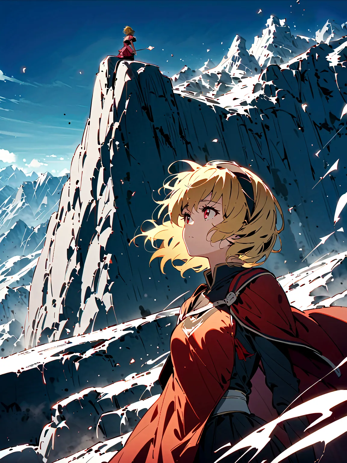 (houjou_satoko), (blonde), red eyes, short hair, hair band, small breasts, 1girl, 独奏, (bow), alpine cliffs, archer, arrow, wind,...