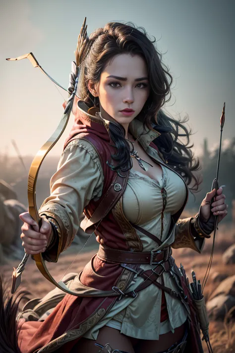 Sexy female Hunter with bow and arrow in her hands. The scenes are magnificent and surreal. (best qualityer, 4K, 8K, high resolu...