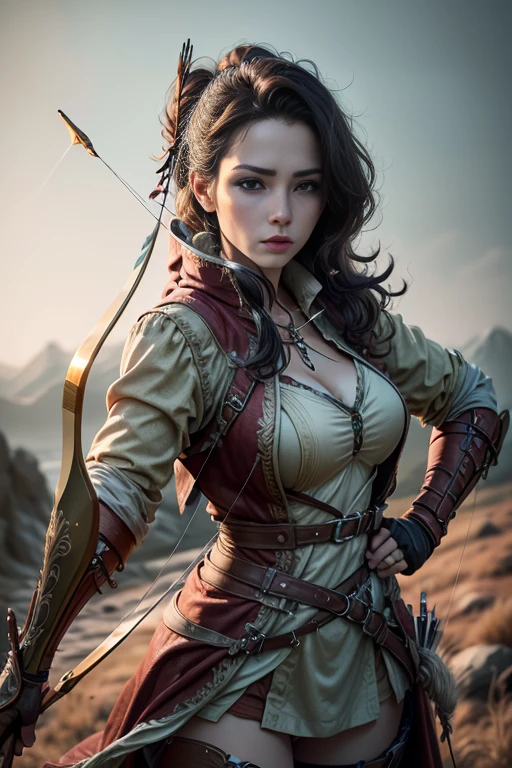 Sexy female Hunter with bow and arrow in her hands. The scenes are magnificent and surreal. (best qualityer, 4K, 8K, high resolution, master part:1.2), ultra detali, (realisitic, photorrealistic, realisitic:1.37), Portrait of a, vivid colors, studio lit, sharp focus, physics based rendering, extreme detail description, Bible Topics, Great atmosphere, radiant light.