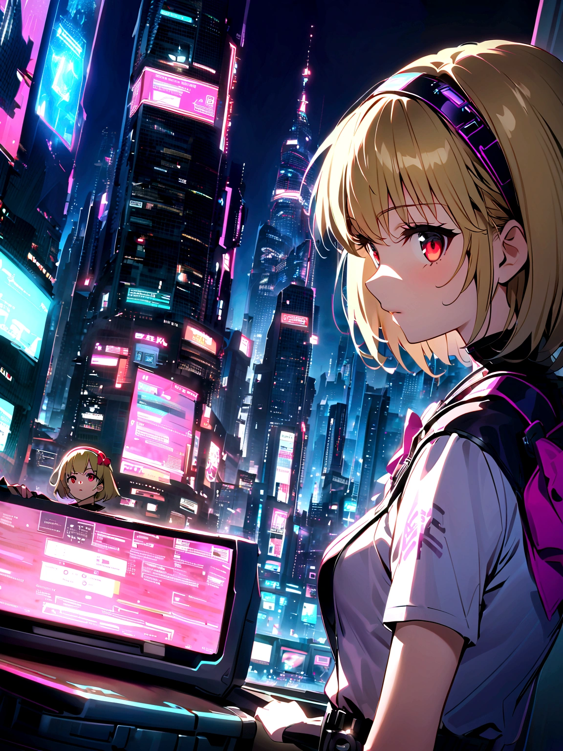 (houjou_Satoko), (Blonde), Red eyes, short hair, hair band, Small breasts, 1girl, 独奏, (bow), Future City, woman, (bow使い), arrow, cyber punk, neon, skyscraper, high tech, Night view, Future, shine, Cool Gear