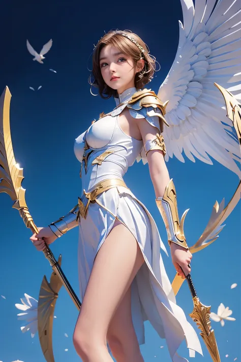 8k, masterpiece, ((angel of justice)),(reflect the dizzying light on the blade), white feathers, equipped with golden armor over...