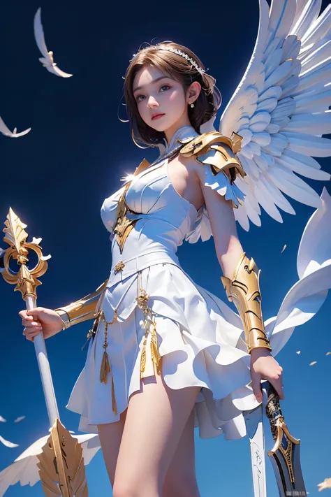 8k, masterpiece, ((angel of justice)),(reflect the dizzying light on the blade), white feathers, equipped with golden armor over...