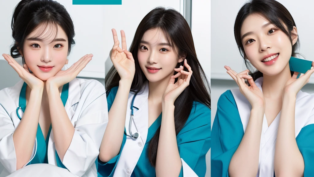 masterpiece, best quality, medium shot, 3girls, modern hospital, happy, Beautiful Japanese female doctor wearing white labcoat over teal scrubs, beautiful detailed face, pale skin, realistic skin, detailed cloth texture, detailed hair texture, accurate, Anatomically correct, Highly detailed face and skin texture , looking at viewer