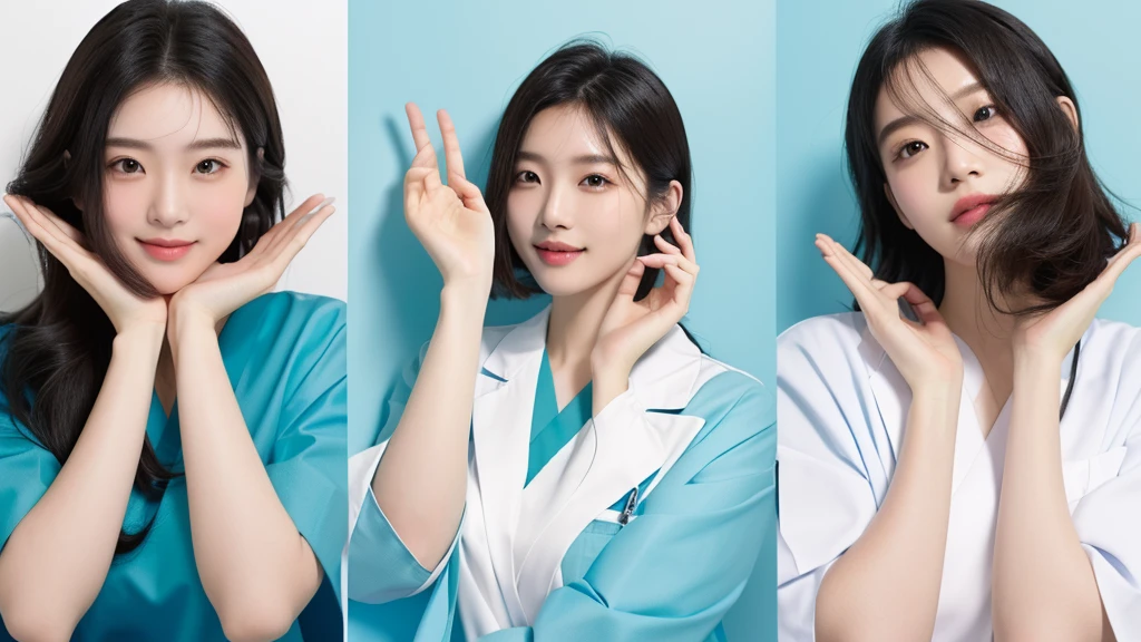 masterpiece, best quality, medium shot, 3girls, modern hospital, happy, Beautiful Japanese female doctor wearing white labcoat over teal scrubs, beautiful detailed face, pale skin, realistic skin, detailed cloth texture, detailed hair texture, accurate, Anatomically correct, Highly detailed face and skin texture , looking at viewer