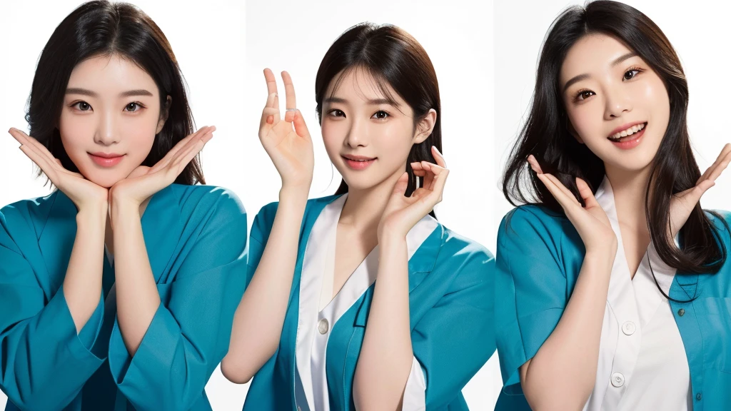 masterpiece, best quality, medium shot, 3girls, modern hospital, happy, Beautiful Japanese female doctor wearing white labcoat over teal scrubs, beautiful detailed face, pale skin, realistic skin, detailed cloth texture, detailed hair texture, accurate, Anatomically correct, Highly detailed face and skin texture , looking at viewer