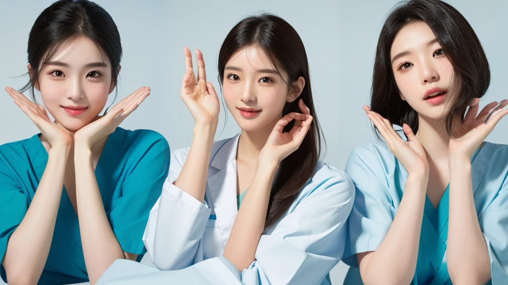 masterpiece, best quality, medium shot, 3girls, modern hospital, happy, Beautiful Japanese female doctor wearing white labcoat over teal scrubs, beautiful detailed face, pale skin, realistic skin, detailed cloth texture, detailed hair texture, accurate, Anatomically correct, Highly detailed face and skin texture , looking at viewer