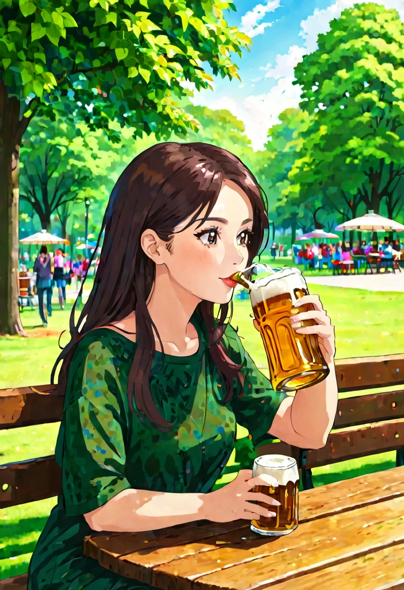 Woman drinking beer in the park