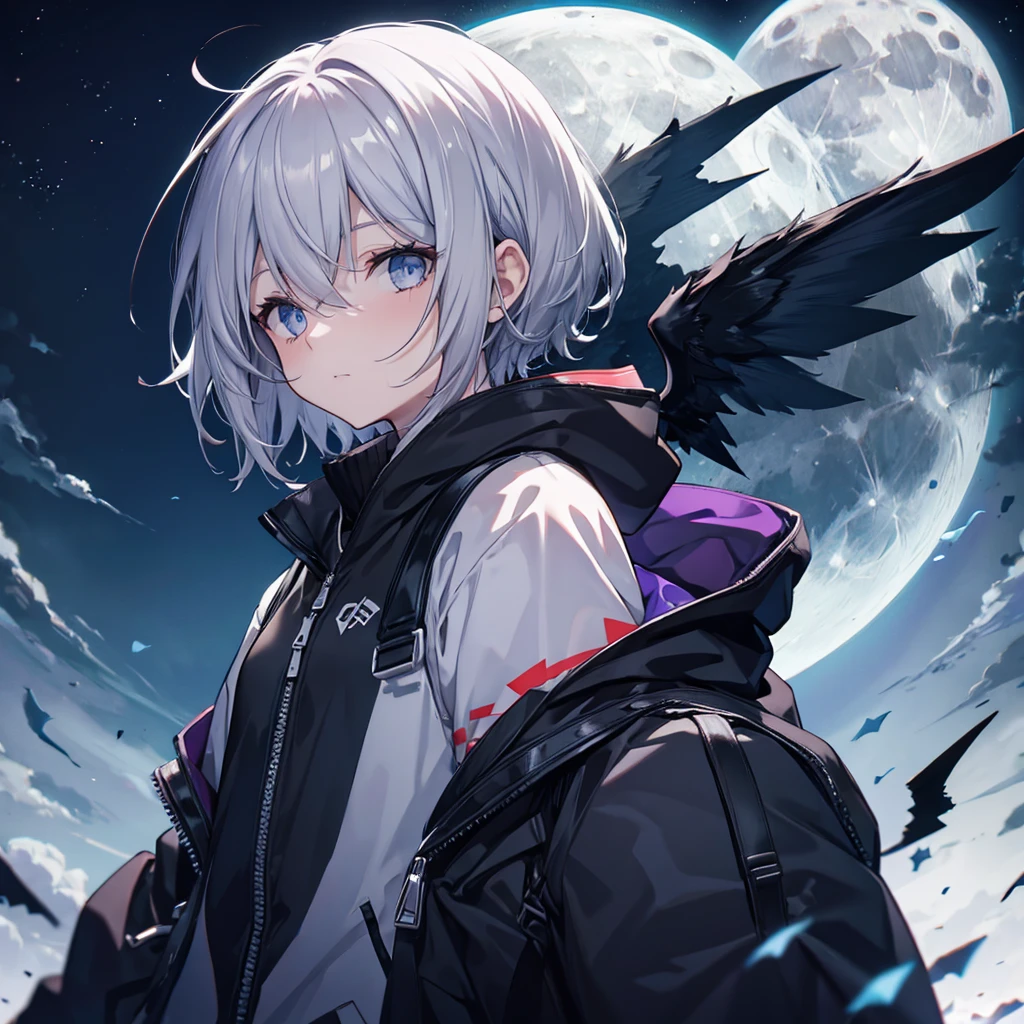 ((((grim Reaper　Inflammation))))　(((Gray Hair　short hair　blue eyes　woman　close)))，((night　full moon　My own big wings))，(Wearing a hood　Black camisole　Purple light　kind)，　A tense look　Shining Background　Shining Edges