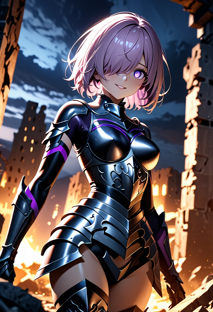 (masterpiece, top quality, best quality, beautiful and aesthetic:1.2), full body, SFW, extremely detailed, detailed face and eyes, cinematic light, depth of field, 1girl, seducing smile, solo, official, (full armored knight:1.4), dark armor, mash kyrielight, light purple hair, short hair, hair over one eye, slim body, cinematic lighting, dramatic lighting, dramatic atmosphere, hyper-realistic, high resolution, stunning contrast, high quality, best quality, 8k, 4k, intricately detailed, (amazing details:1.2), highly detailed skin, powerful presence, vibrant colors, (detailed eyes:1.2), striking eyes, (detailed background), (warzone on background, night, ruins), (dynamic angle:1.2), (dynamic pose:1.2)