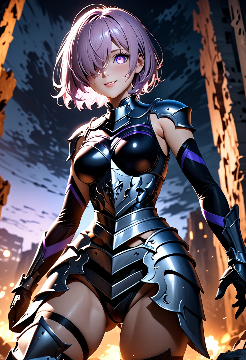 (masterpiece, top quality, best quality, beautiful and aesthetic:1.2), full body, SFW, extremely detailed, detailed face and eyes, cinematic light, depth of field, 1girl, seducing smile, solo, official, (full armored knight:1.4), dark armor, mash kyrielight, light purple hair, short hair, hair over one eye, slim body, cinematic lighting, dramatic lighting, dramatic atmosphere, hyper-realistic, high resolution, stunning contrast, high quality, best quality, 8k, 4k, intricately detailed, (amazing details:1.2), highly detailed skin, powerful presence, vibrant colors, (detailed eyes:1.2), striking eyes, (detailed background), (warzone on background, night, ruins), (dynamic angle:1.2), (dynamic pose:1.2)