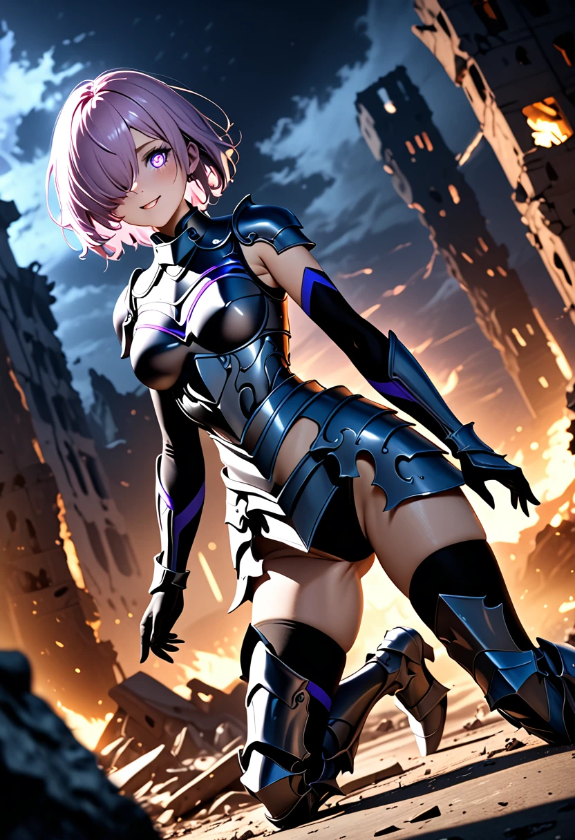 (masterpiece, top quality, best quality, beautiful and aesthetic:1.2), full body, SFW, extremely detailed, detailed face and eyes, cinematic light, depth of field, 1girl, seducing smile, solo, official, (full armored knight:1.4), dark armor, mash kyrielight, light purple hair, short hair, hair over one eye, slim body, cinematic lighting, dramatic lighting, dramatic atmosphere, hyper-realistic, high resolution, stunning contrast, high quality, best quality, 8k, 4k, intricately detailed, (amazing details:1.2), highly detailed skin, powerful presence, vibrant colors, (detailed eyes:1.2), striking eyes, (detailed background), (warzone on background, night, ruins), (dynamic angle:1.2), (dynamic pose:1.2)